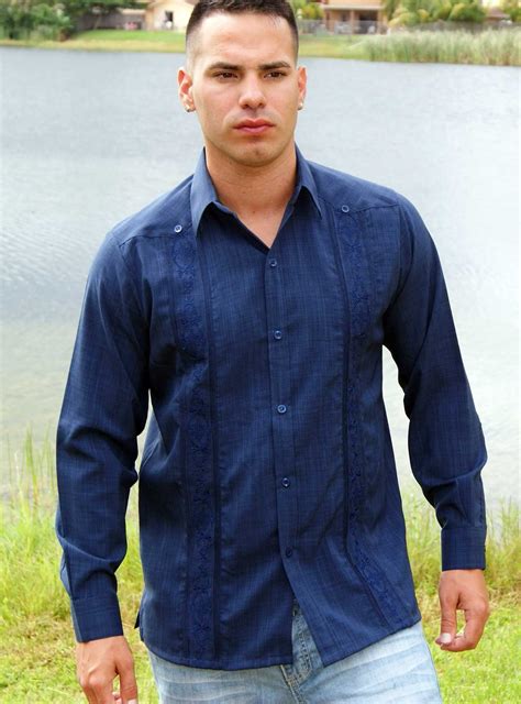 Non Pockets Wedding Guayabera Long Sleeve Linen Look Navy Blue