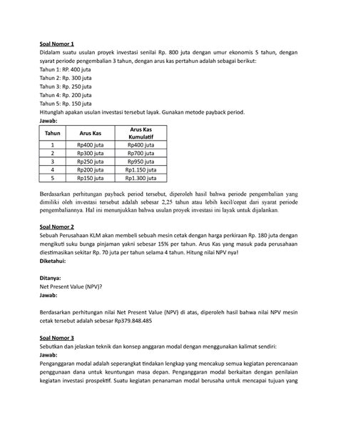 Tiga Soal Arus Kas Soal Nomor 1 Didalam Suatu Usulan Proyek Investasi
