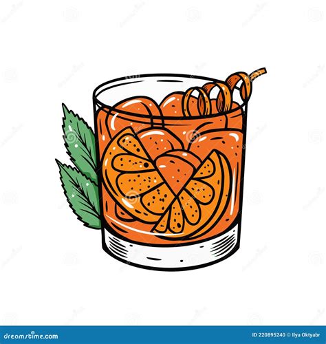 Old Fashioned Cocktail Illustration Alcoholic Bar Drink Hand Drawn