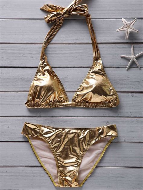 Fashionable Women S Halter Beach Gold Metallic Bikini GOLDEN 4XL