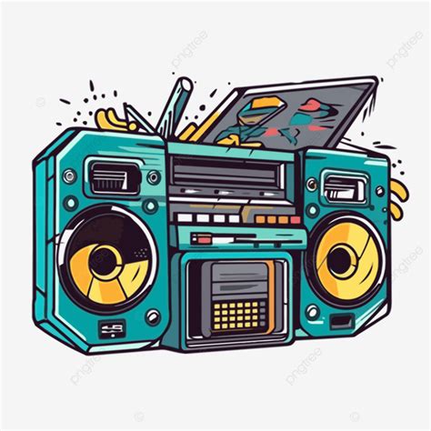 90s Boombox Clipart Vector In The Style Of Teal And Yellow Cartoon