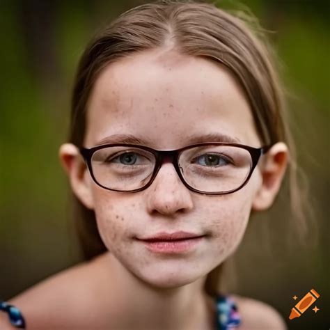 Portrait Of A Smiling Girl With Glasses And Freckles