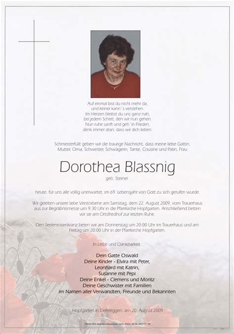 Todesanzeige Dorothea Blassnig Trauer Link