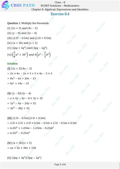 Ncert Solutions For Class 8 Maths Exercise 8 4 Algebraic Expressions And Identities Cbse Path