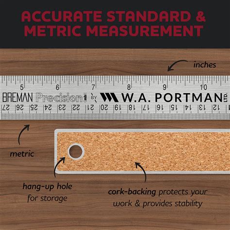 Breman Precison Metal Ruler 15 Inch Stainless Steel Corked Backed