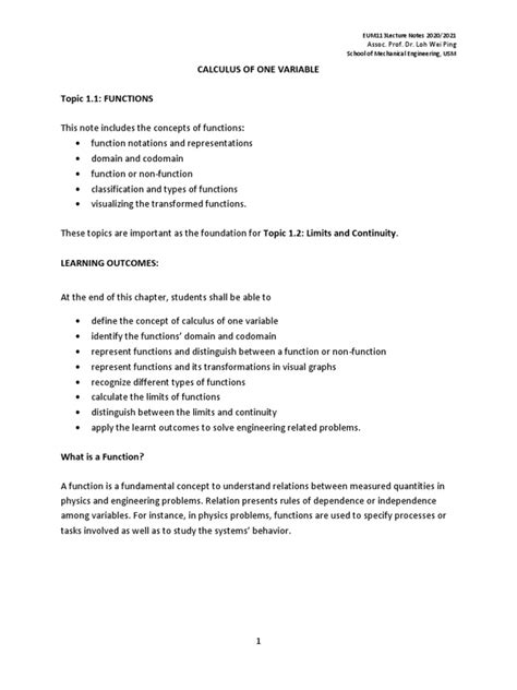 Calculus Of One Variable Topic 11 Functions Assoc Prof Dr Loh Wei