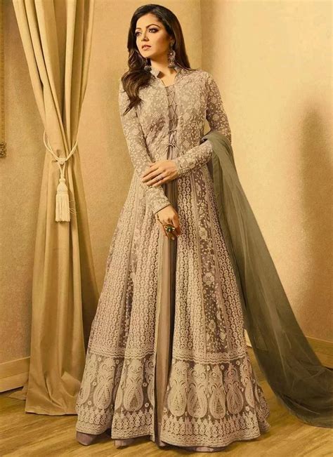 Buy Drashti Dhami Beige Embroidered Anarkali Suit Embroidered