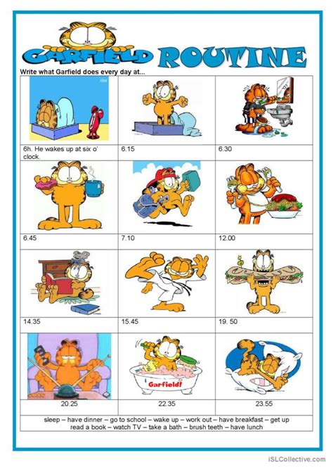 Garfield Daily Routine General Voc English ESL Worksheets Pdf Doc