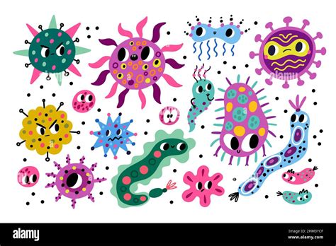 Germ characters. Cartoon bacteria and viruses. Kids comic unicellular microorganisms. Harmful ...