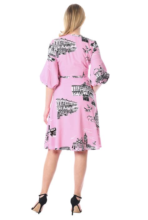 Shop Ruched Bell Sleeve Landscape Print Crepe Wrap Dress Eshakti