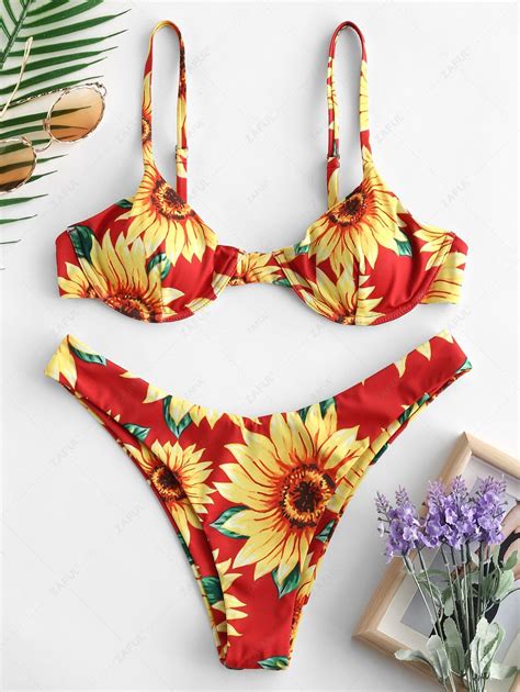 Zaful Floral Sunflower Bikini Set In Chestnut Red Zaful 2024