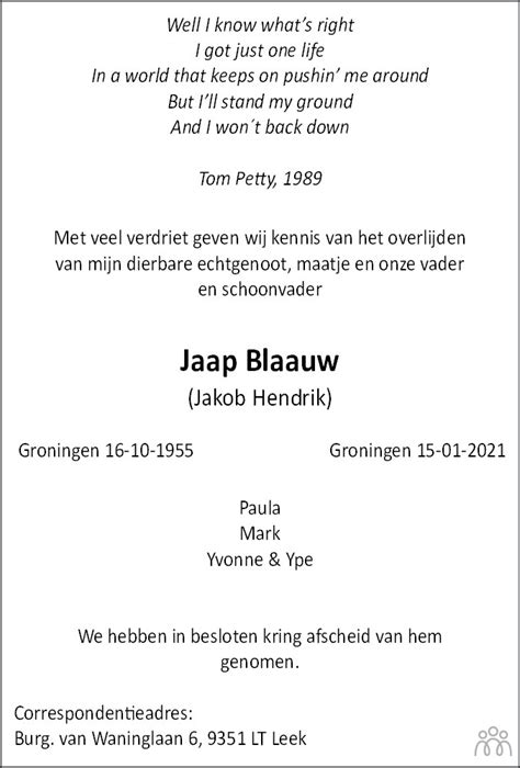 Jaap Jakob Hendrik Blaauw Overlijdensbericht En