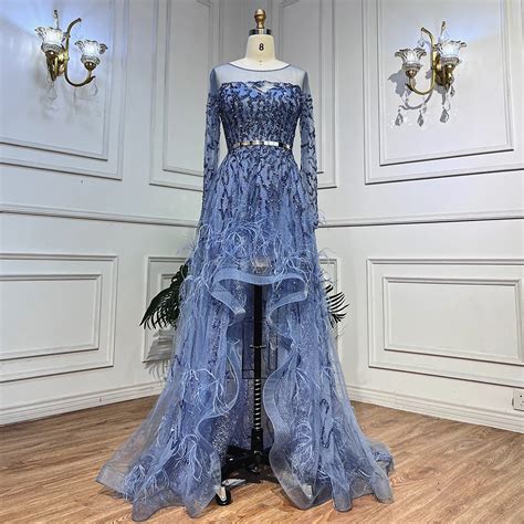 Serene Hill Blue Elegant A Line Lace Beaded Feathers Arabic Luxury