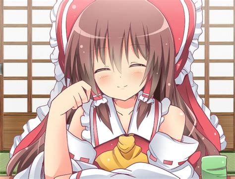 Hakurei Reimu Pretty Female Lovely Brown Hair Ribbon Smile Happy