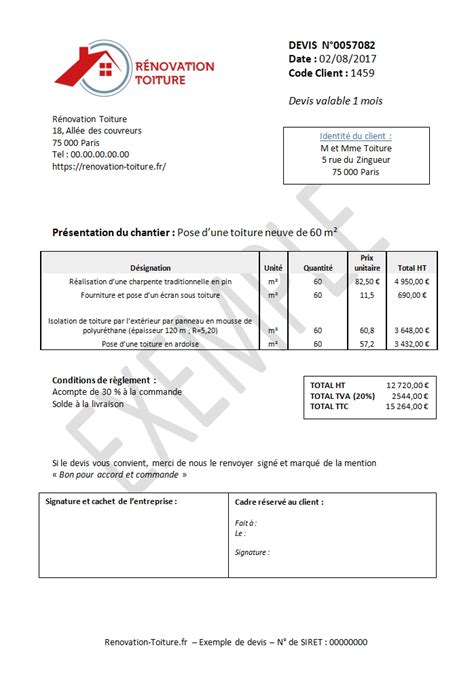 Exemple devis toiture Rénovation Toiture conseils et devis en