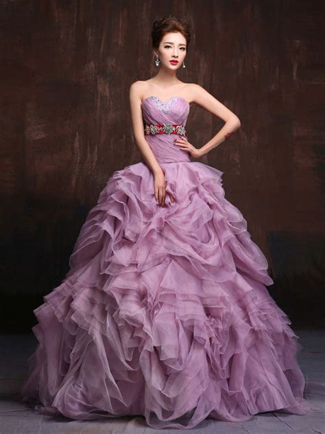 Strapless Purple Quenceanera Ball Gown Organza Ruffles Prom Dress Home