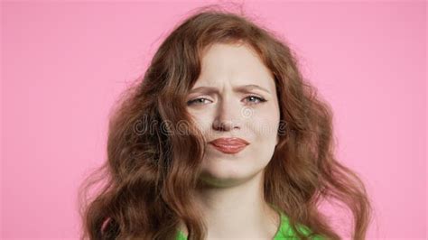 Polite Smiling Woman With Red Hair Disapproving No Head Sign Nods