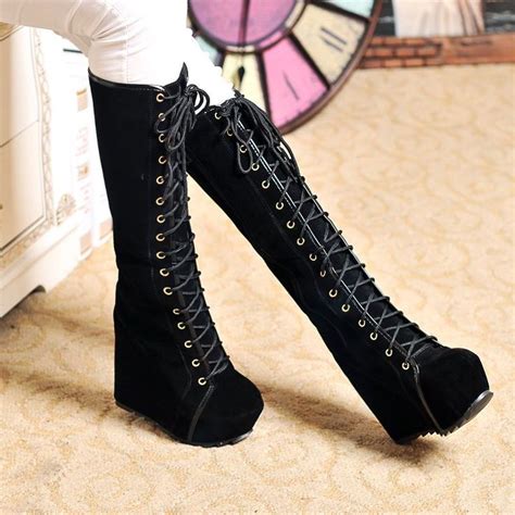 Womens Punk Lace Up Platform Wedge Heel Knee High Winter Boots Gothic