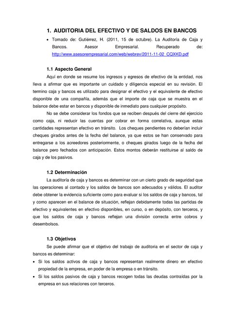 Auditoria Del Efectivo Y De Saldos En Bancos Auditoria Del