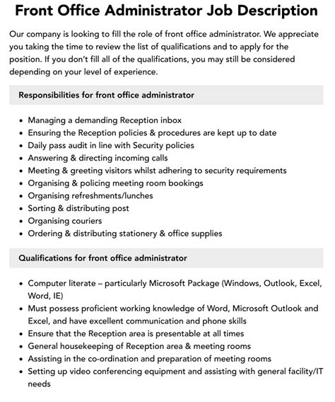 Front Office Administrator Job Description Velvet Jobs