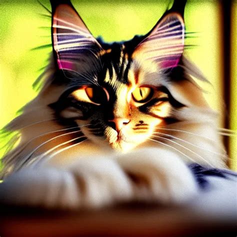 Portrait Cream Color Maine Coon Cat Curled Up Bay Stable Diffusion