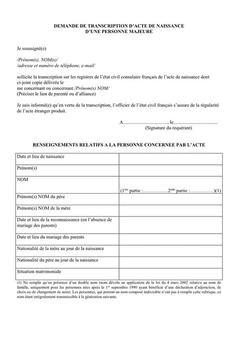 Demande De Transcription Dacte De Naissance France DOC PDF Page