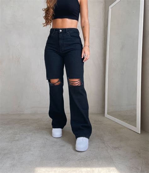 Calça Jeans Wide Leg Rasgo No Joelho Preta Parcelamento Sem Juros