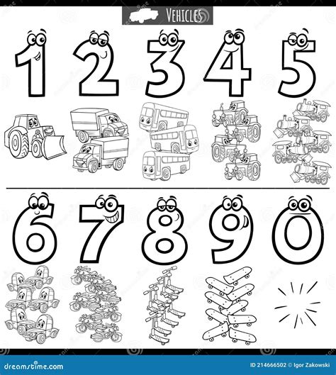 Black and White Educational Numbers Set with Cartoon Vehicles Stock ...