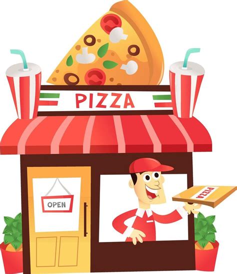 Cartoon Pizza Shop With Delivery Man At The Window Vector Art