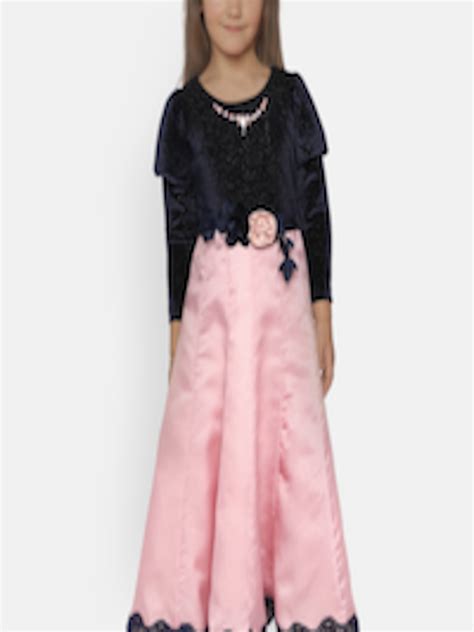 Buy Peppermint Girls Navy Blue And Peach Coloured Self Design Maxi Dress