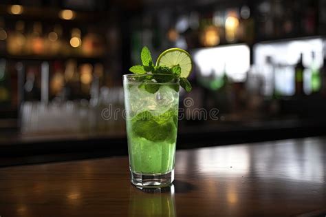 Mojito Cocktail In A Glass With Lime And Mint On The Bar Counter