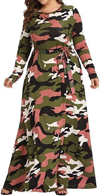 Xugwlkj Plus Size Camouflage Maxi Dress For Women Long Sleeve Printed Long Dresses Womens