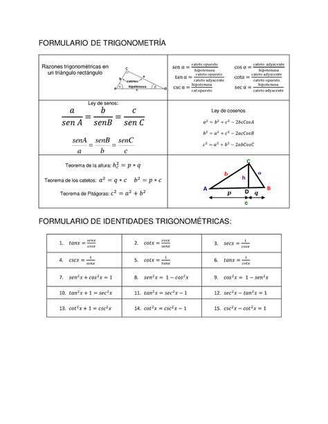 Formulario Trigonometria E Identidades Trigonométricas Formulario De TrigonometrÍa Formulario