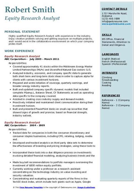 Equity Research Analyst Resume Samples QwikResume