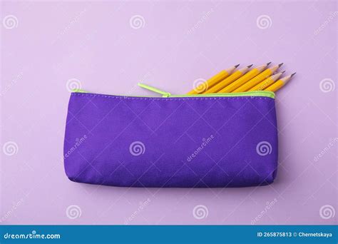 Many Sharp Pencils In Pencil Case On Pink Background Top View Stock