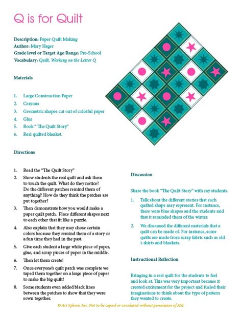 Free Q Is For Quilt Lesson Plan Handout Art Sphere Inc