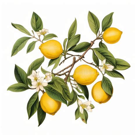 Hyperrealistic Vintage Lemon Tree Branch Illustration With Delicate