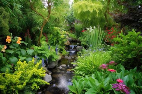 Premium Ai Image Lush Garden With Babbling Brook Surrounded By