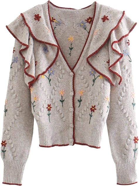 Women Floral Embroidery Ruffled Knitted Cardigan Sweater Long Sleeve Female Outerwear Chic Tops