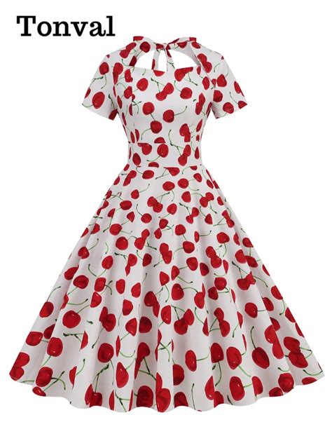 Tonval Sweetheart Neck High Waist Cherry Vintage 50s Midi Dress Short Sleeve Backless Women Tie