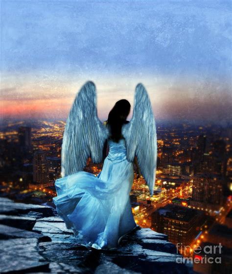 Angel On Rocky Ledge Above City At Night Fairy Angel Angel Art Angel