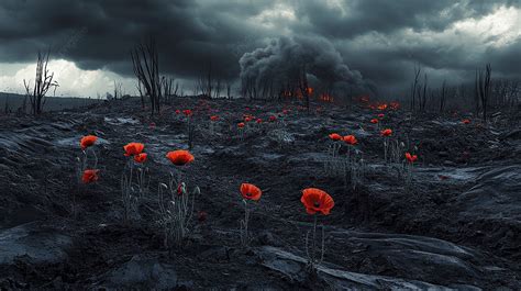 A Desolate Battlefield With Poppy Flowers Growing Among The Charred