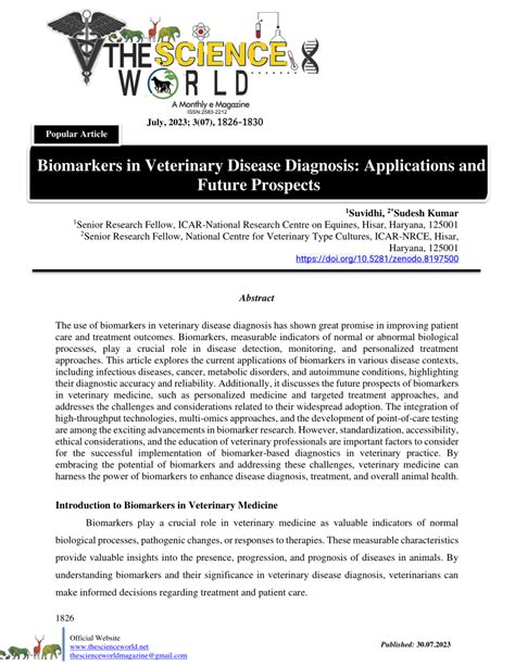 Pdf Biomarkers In Veterinary Disease Diagnosis Applications And Future Prospects