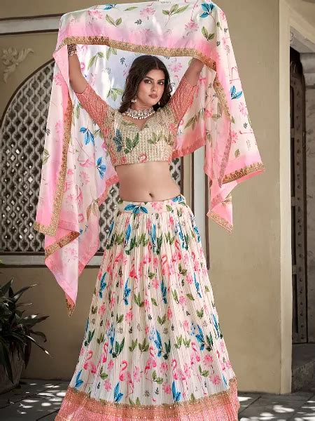 White Color Crushed Chinon Lehenga Choli With Digital Print And