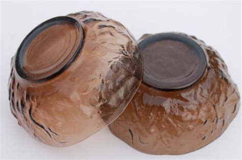 Retro Vintage Smoke Brown Seneca Driftwood Crinkle Glass Salad Bowls