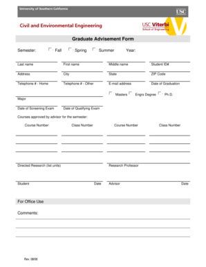 Fillable Online Cee Usc Graduate Advisement Form USC Cee Usc Fax