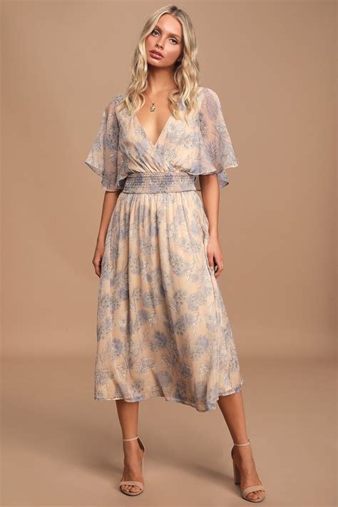 Beige Floral Print Dress Ruffled Dress Surplice Midi Dress Lulus