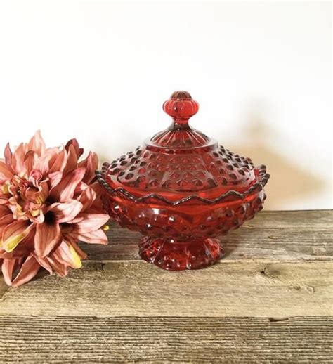 Vintage Fenton Ruby Red Amberina Hobnail Candy Dish With Etsy Mid Century Glass Hobnail