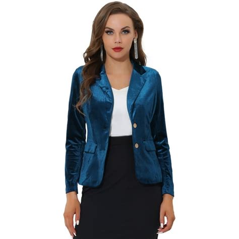 Womens Vintage Notched Lapel Button Front Office Velvet Blazer Jacket Peacock Blue L Walmartca