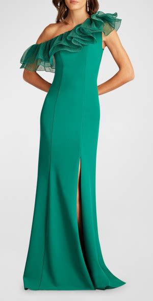 Tadashi Shoji One Shoulder Ruffle Crepe Column Gown